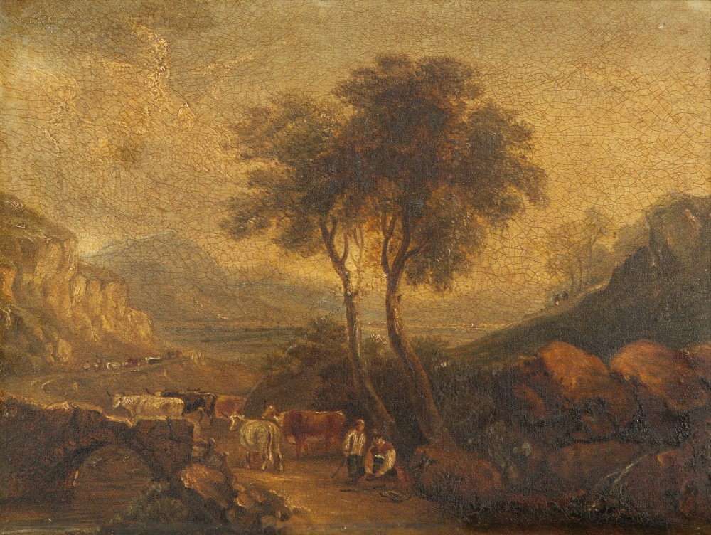 R. RADCLYFFE (Early Twentieth Century) OIL PAINTING ON MILLBOARD Landscape with figures and cattle