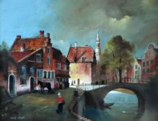 HANS VELDT (MODERN) OIL PAINTING ON CANVAS-BOARD A pastiche Dutch townscape, signed lower left 13