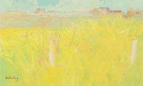 IRENE HALLIDAY (b.1931) GOUACHE 'Angus landscape with cornfield' Signed, titled to exhibition