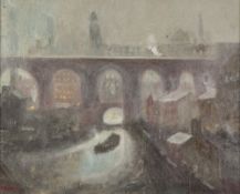ATHERTON OIL PAINTING ON CANVAS Viaduct with canal and barge in foreground at dusk Signed lower left