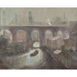 ATHERTON OIL PAINTING ON CANVAS Viaduct with canal and barge in foreground at dusk Signed lower left