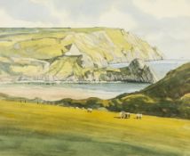 CHRIS LAST MODERN WATERCOLOUR DRAWING OVER PENCIL 'Three Cliffs Bay - Gower' sheep in the near