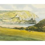 CHRIS LAST MODERN WATERCOLOUR DRAWING OVER PENCIL 'Three Cliffs Bay - Gower' sheep in the near