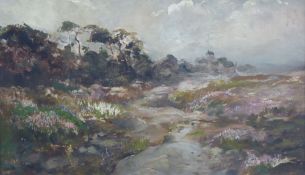 OLIVER SILK (act. 1882-1928) OIL PAINTING ON BOARD Open landscape with small stream in the