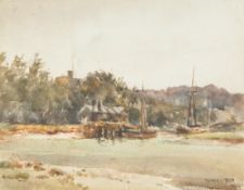 FRANCIS. B. TIGHE (1885-1926) WATERCOLOUR DRAWING River estuary with quayside and moored sailing