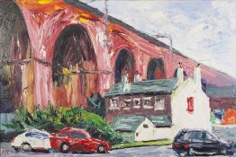 ALAN KNIGHT IMPASTO OIL PAINTING ON CANVAS 'Stockport Viaduct' Signed with initials 'A.K. lower left