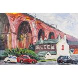 ALAN KNIGHT IMPASTO OIL PAINTING ON CANVAS 'Stockport Viaduct' Signed with initials 'A.K. lower left