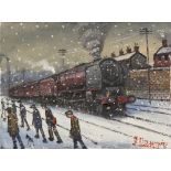 JAMES DOWNIE PAIR OF OIL PAINTINGS ON CANVAS 'Steam train and figures with snow falling' and 'Gang