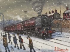 JAMES DOWNIE PAIR OF OIL PAINTINGS ON CANVAS 'Steam train and figures with snow falling' and 'Gang