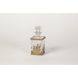 EARLY TWENTIETH CENTURY GILT METAL MOUNTED SQUARE SCENT BOTTLE AND STOPPER, each side decorated with