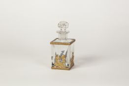 EARLY TWENTIETH CENTURY GILT METAL MOUNTED SQUARE SCENT BOTTLE AND STOPPER, each side decorated with