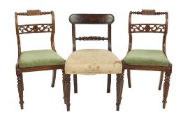 PAIR OF REGENCY ROSEWOOD SINGLE CHAIRS, with scroll backs having turned and fluted top rail,