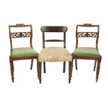 PAIR OF REGENCY ROSEWOOD SINGLE CHAIRS, with scroll backs having turned and fluted top rail,