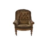 VICTORIAN SPOON BACK EASY ARMCHAIR, with deep button back, sloping arms and bow fronted seat,