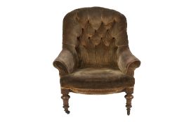 VICTORIAN SPOON BACK EASY ARMCHAIR, with deep button back, sloping arms and bow fronted seat,