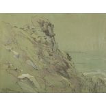 BLACK FELT - PEN, COLOURED AND WHITE CHALK ON OLIVE GREEN PAPER 'CARN GLOOSE, CAPE CORNWALL',