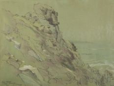 BLACK FELT - PEN, COLOURED AND WHITE CHALK ON OLIVE GREEN PAPER 'CARN GLOOSE, CAPE CORNWALL',