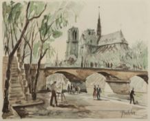 Franz Herbelot (Twentieth Century, French) WATERCOLOUR DRAWING 'Paris, Notre Dame.' Signed ad titled