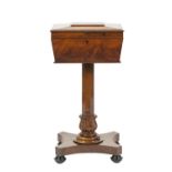 WILLIAM IV ROSEWOOD TEAPOY, of sarcophagus form with a pair of removable lidded compartments and