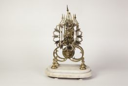 A VICTORIAN BRASS SKELETON CLOCK with single train chain fusee movement, on a stepped alabaster
