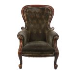 VICTORIAN MAHOGANY GENTLEMAN'S EASY ARMCHAIR, the waisted and deep buttoned back with moulded show