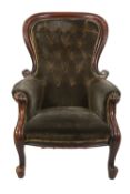 VICTORIAN MAHOGANY GENTLEMAN'S EASY ARMCHAIR, the waisted and deep buttoned back with moulded show