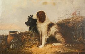 T. LANGLOIS (19TH CENTURY) OIL PAINTING ON RE-LINED CANVAS Two dogs sat in a coastal landscape,