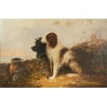 T. LANGLOIS (19TH CENTURY) OIL PAINTING ON RE-LINED CANVAS Two dogs sat in a coastal landscape,