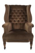 GOOD NINETEENTH CENTURY FIRESIDE WINGED BACK EASY ARMCHAIR, of typical form, covered in brown plush,