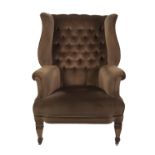 GOOD NINETEENTH CENTURY FIRESIDE WINGED BACK EASY ARMCHAIR, of typical form, covered in brown plush,