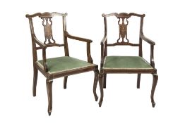 PAIR OF EDWARDIAN MAHOGANY AND LINE INLAID DRAWING ROOM OPEN ARMCHAIRS, each with shaped top rail