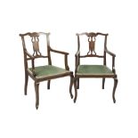 PAIR OF EDWARDIAN MAHOGANY AND LINE INLAID DRAWING ROOM OPEN ARMCHAIRS, each with shaped top rail