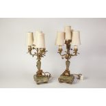 PAIR OF GILT METAL AND GREEN ONYX FOUR LIGHT CANDELABRA, each with flowering rose pattern