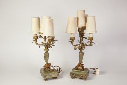 PAIR OF GILT METAL AND GREEN ONYX FOUR LIGHT CANDELABRA, each with flowering rose pattern
