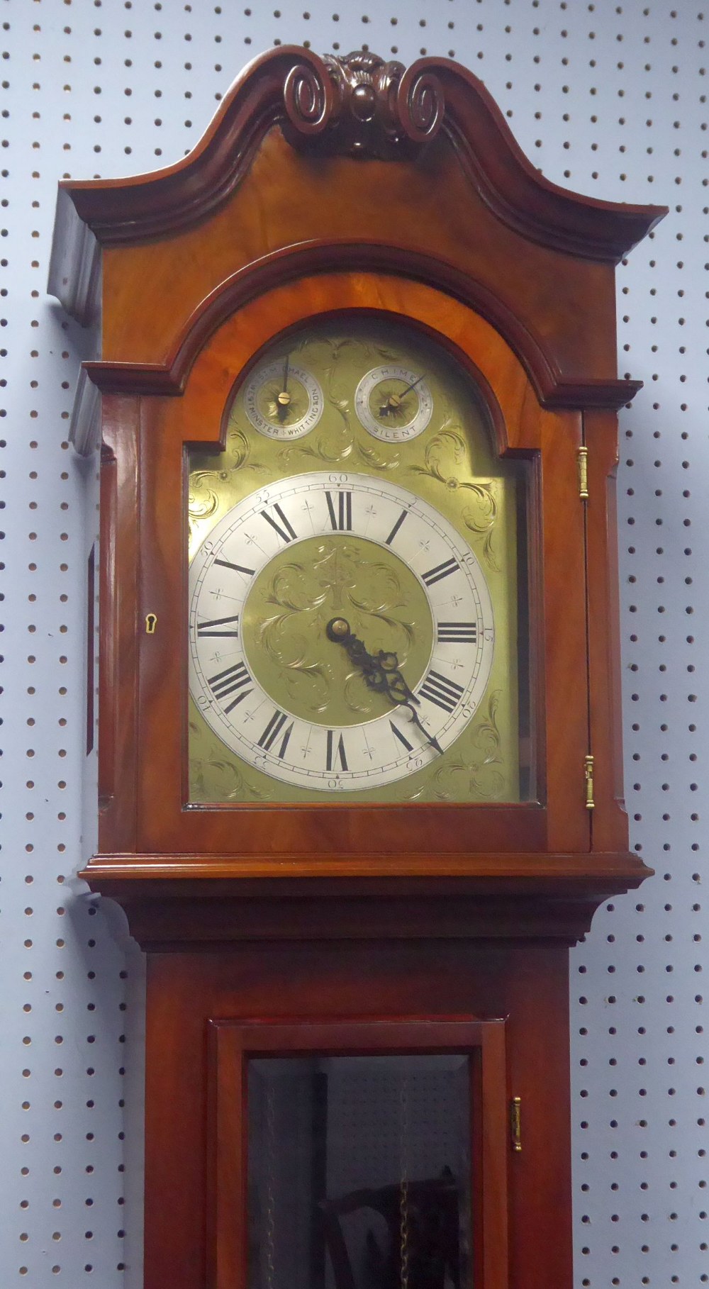 REPRODUCTION FIGURED MAHOGANY LONGCASE CLOCK, the 11" engraved brass dial with silvered chapter - Image 2 of 2