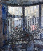J. D. TAYLOR (20th CENTURY) IMPASTO OIL PAINTING ON BOARD Vase of flowers in a bay window Signed