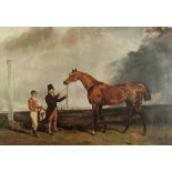 AFTER ABRAHAM COOPER REPRODUCTION COLOUR PRINT Race horse with owner and jockey 17" x 25" (43.2cm