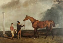 AFTER ABRAHAM COOPER REPRODUCTION COLOUR PRINT Race horse with owner and jockey 17" x 25" (43.2cm