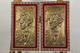 TWO IDENTICAL CAST AND POLISHED BRASS BAS-RELIEF PLAQUES, depicting Madonna with Christ Child,