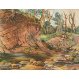 PASTEL DRAWING A WOODLAND STREAM, signed and dated (19) 71 lower left, inscribed 'Leck' lower right,