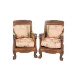 EARLY TWENTIETH CENTURY THREE PIECE CHINESE CARVED HARDWOOD AND DOUBLE CANED BERGERE SUITE, of