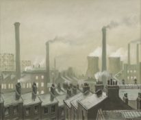 STEVEN SCHOLES (b.1952) OIL ON BOARD Gas works and power station Signed lower right Titled and dated