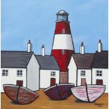 PAUL BURSNALL (b. 1948) ACRYLIC ON CANVAS 'Rear Light', beached boats, red and white lighthouse