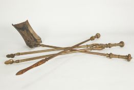 SET OF THREE VICTORIAN LARGE AND HEAVY BRASS FIRE IRONS, COMPRISING; A POKER, AND A PAIR OF TONGS,