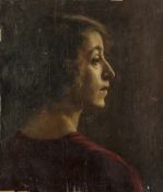 MISS M.A. HOLMES (EXL.1910-15) OIL PAINTING ON CANVAS, unstretched Probably a self portrait, named