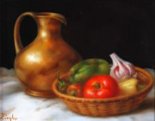 ZIEGLAR (Modern) PAIR OF OIL PAINTINGS Still life studies: ewer and basket of fruit on marble