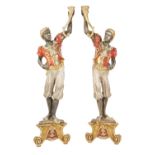 PAIR OF TWENTIETH CENTURY 'BLACKAMOOR' CANDELABRA STANDS, polychrome painted and typically