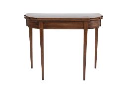 GEORGE III MAHOGANY AND BOXWOOD LINE INLAID CARD TABLE, the shaped oval fold over top enclosing a