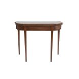 GEORGE III MAHOGANY AND BOXWOOD LINE INLAID CARD TABLE, the shaped oval fold over top enclosing a