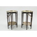 PAIR OF MIDDLE EASTERN BRASS TOPPED COFFEE TABLES, with folding bases, each with floral and Kufic